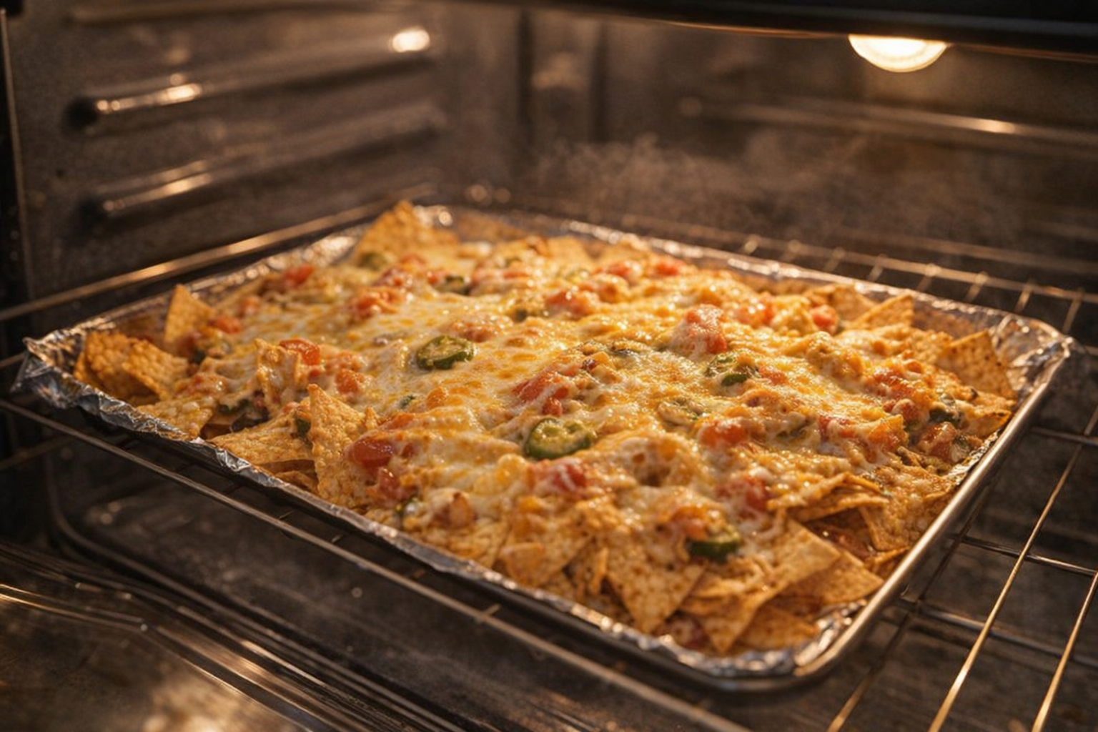 A medium-shot of nachos baking in the oven, cheese melting and bubbling, chips turning golden brown, oven light illuminating the scene